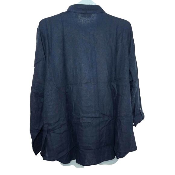Susan Graver Regular Pure Linen Blend Button Front Shirt Size 2XP NWT Navy Solid - Picture 2 of 4
